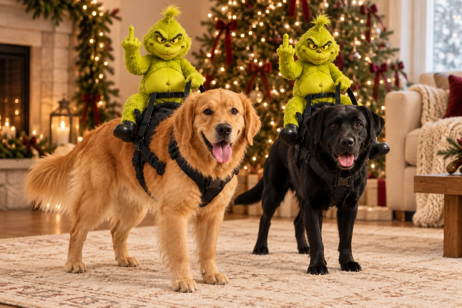 Golden retriever and black dog wearing matching green plush riders beside Christmas lights
