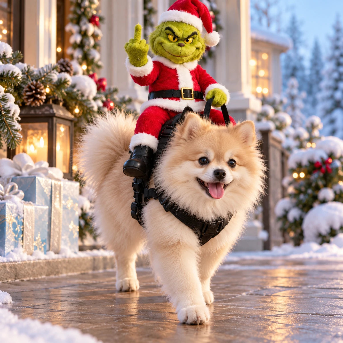 Cream Pomeranian wearing Santa Rider on a snowy Christmas porch